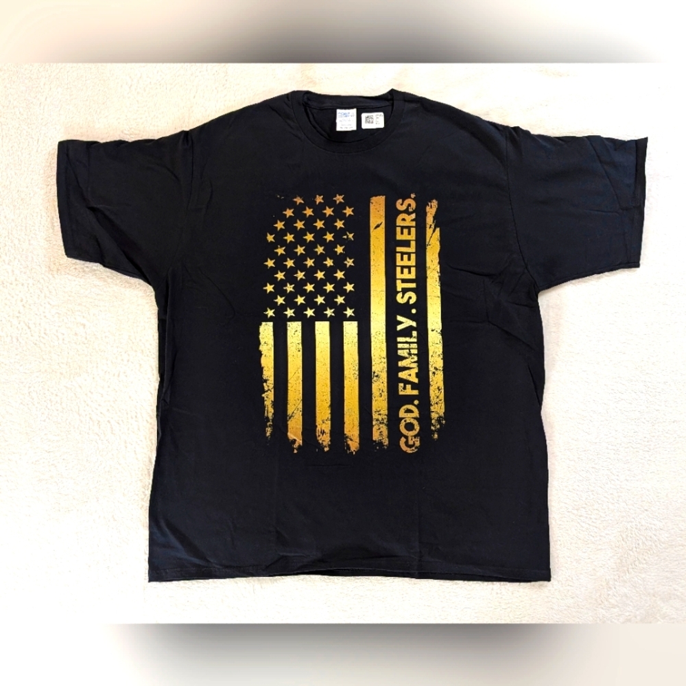 Pittsburgh Steelers God Family USA Flag NFL Team Apparel Black T-shirt Size 2XL